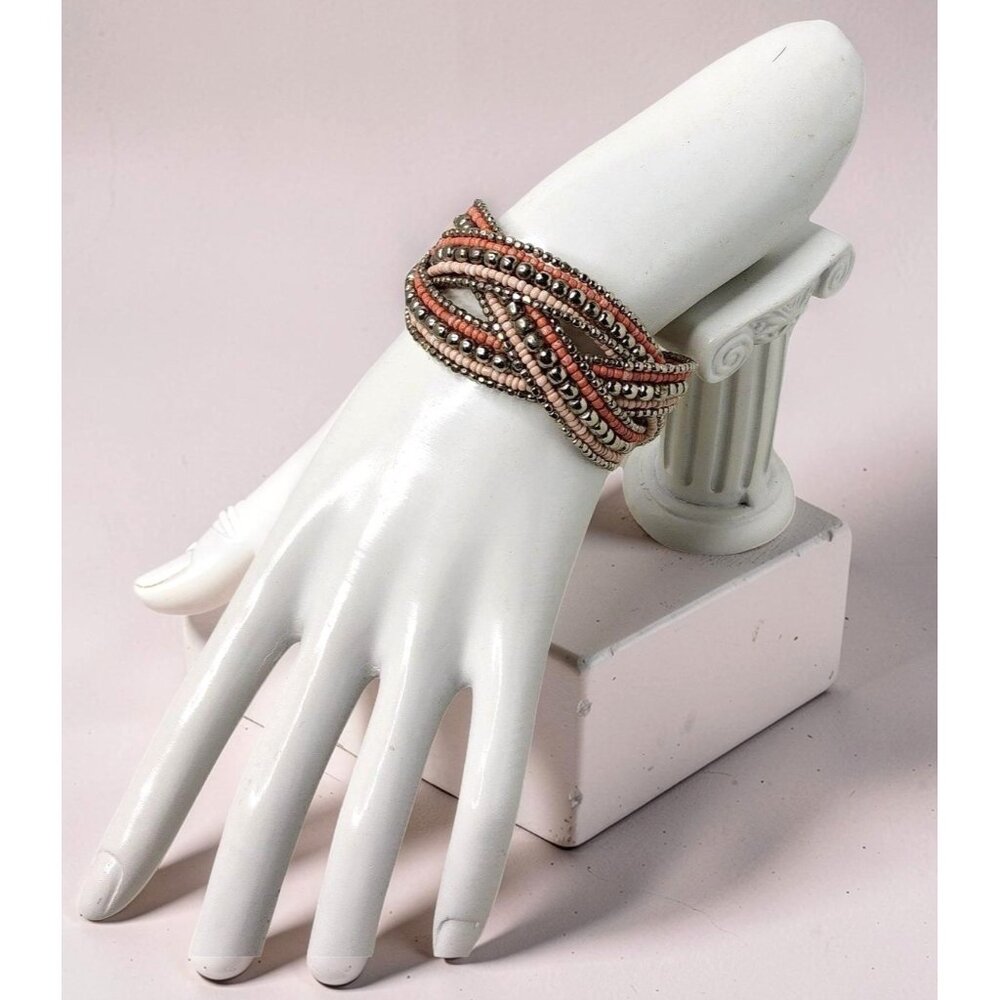 Vintage Silver,Pink,Pale Pink,Beaded Cuff Bracelet Bronze Adjustable Bracelet